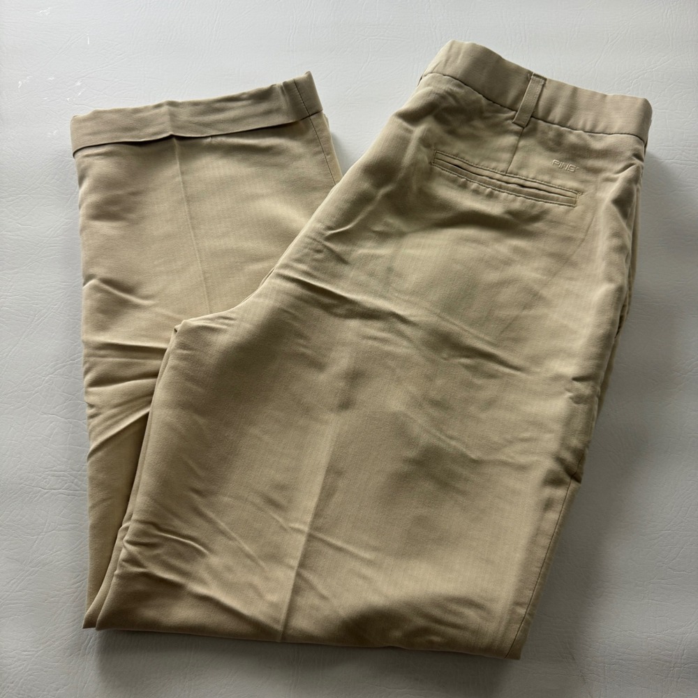 Ping Mens Pleated Golf Pants Khaki‎ Tan Herringbone Cuffed Dress Trousers 38x32